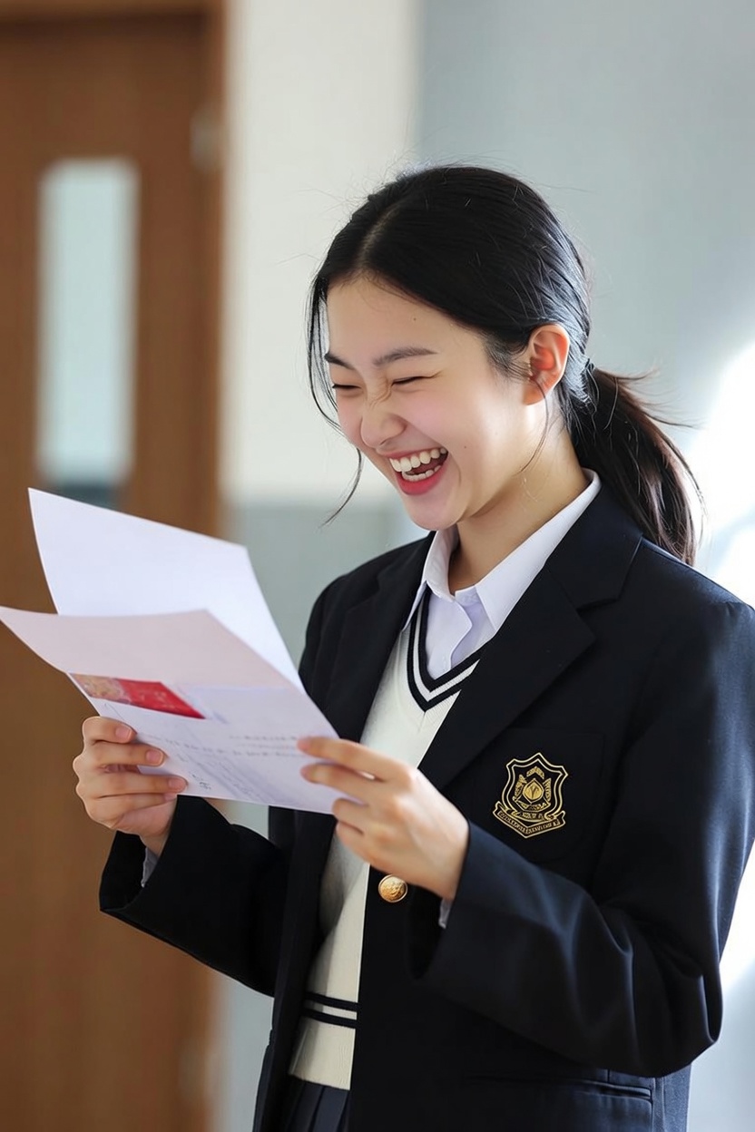 명문대 합격 통지서를 받고 기뻐하는 학생