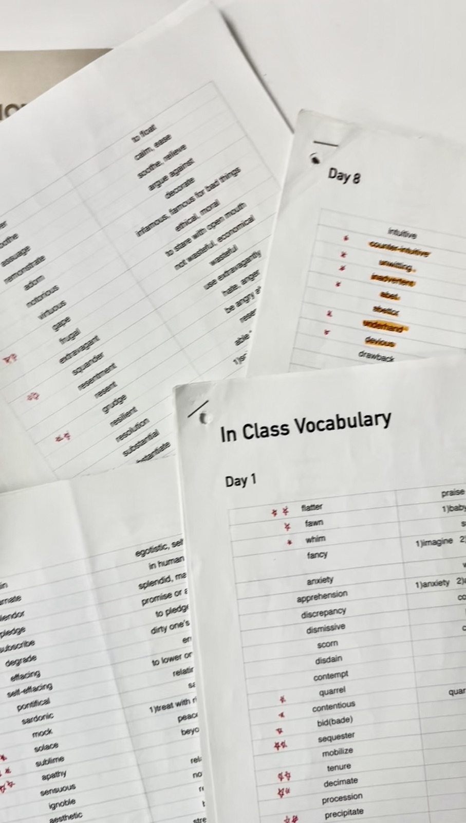 In Class Vocabulary 단어 시험지들